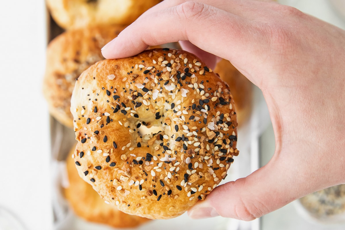 hand holding an everything air fryer bagel.