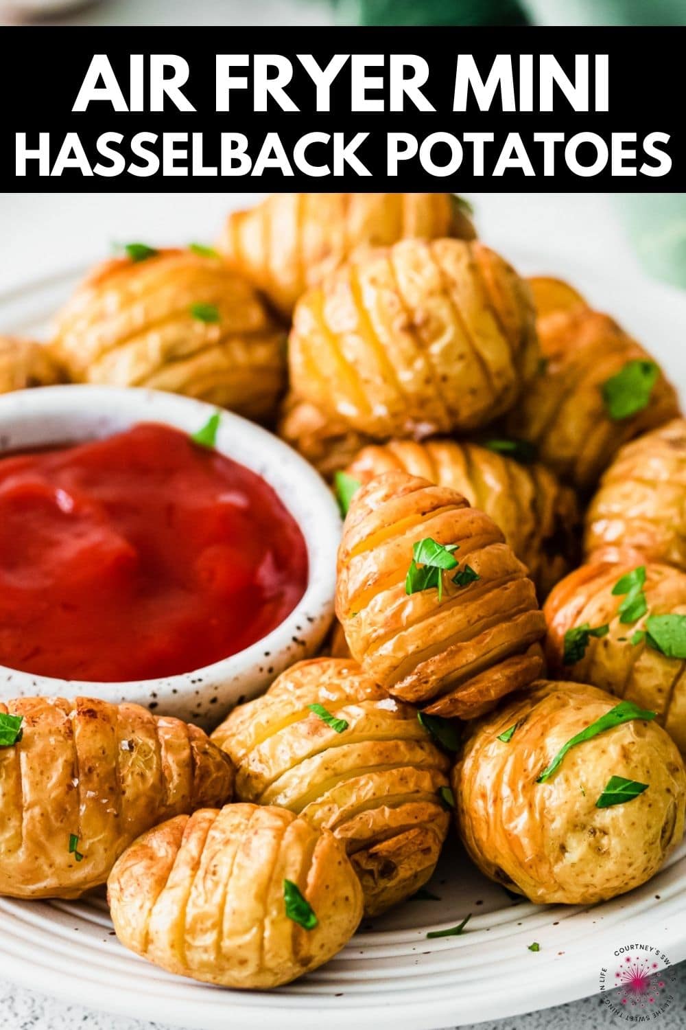 air fryer mini hasselback potatoes with text on image saying what they are.