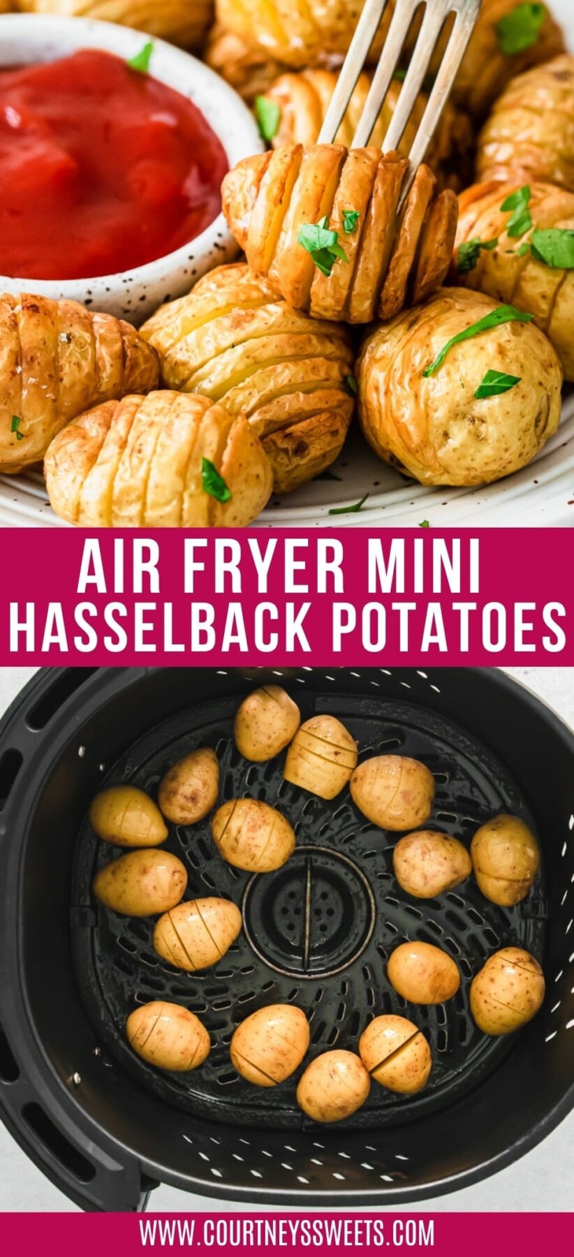 air fryer mini hasselback potatoes with text on image saying what they are.