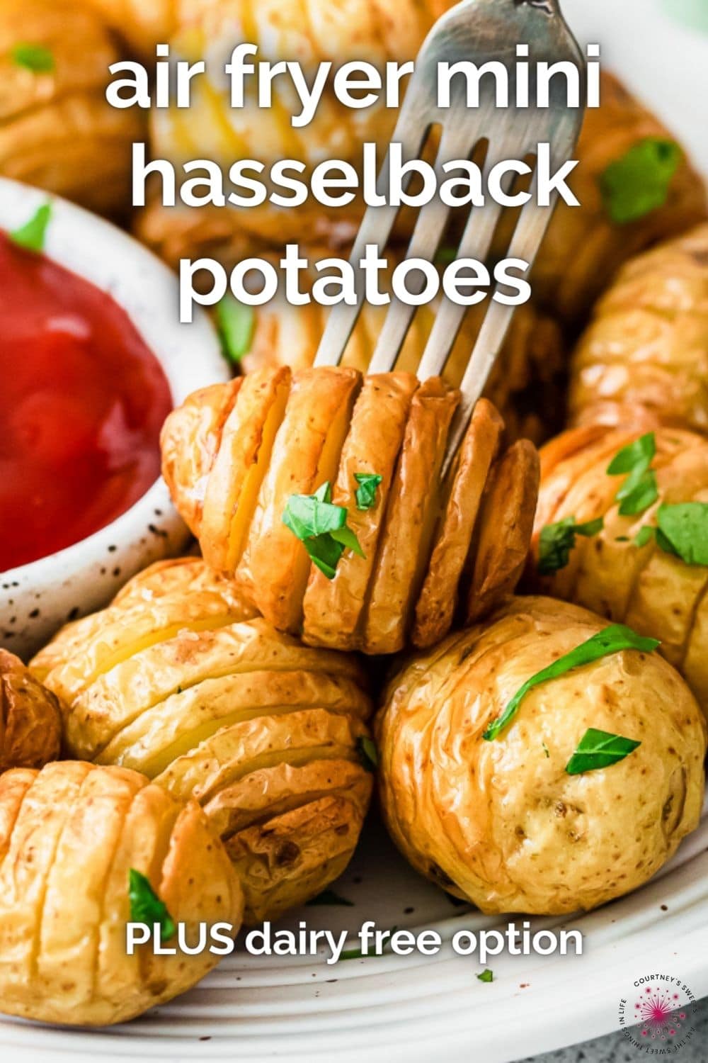 air fryer mini hasselback potatoes with text on image saying what they are.