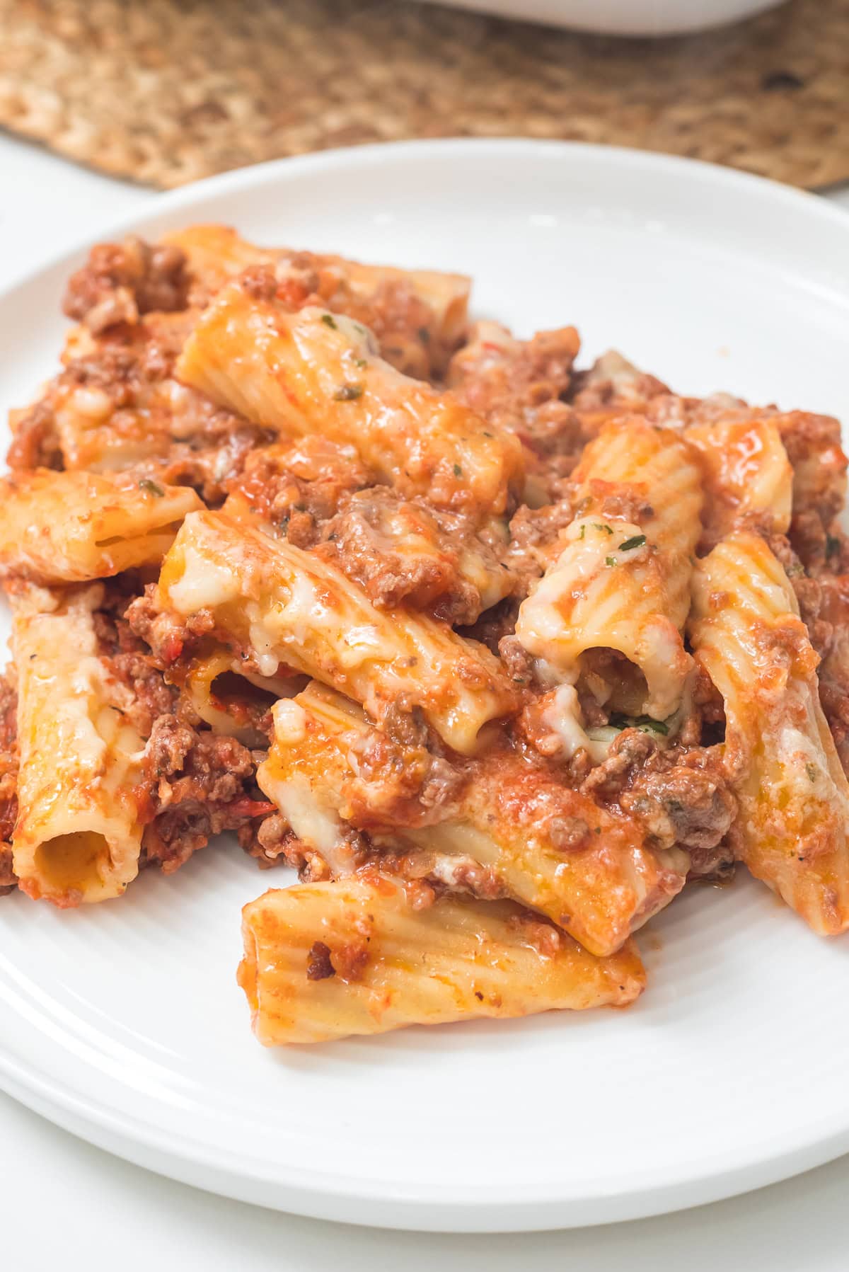 baked ziti on a white plate.