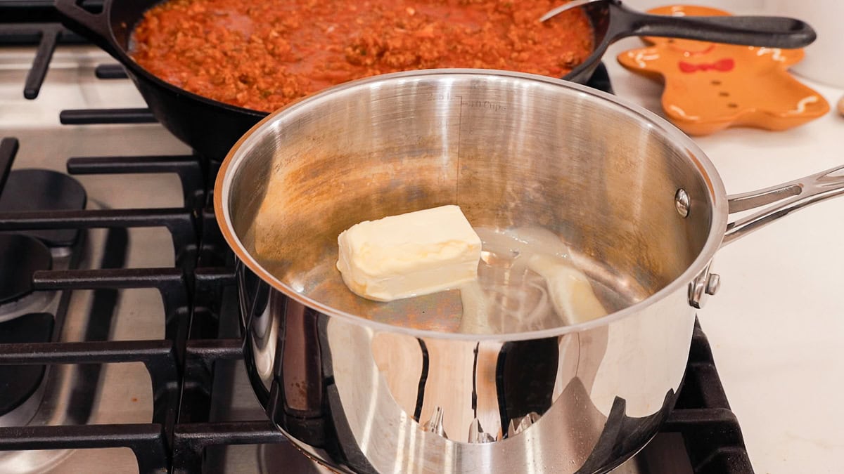 butter added to a sauce pan to melt to make a bechamel.