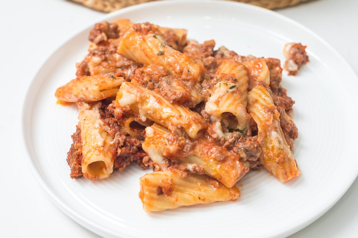 baked ziti on a white plate.