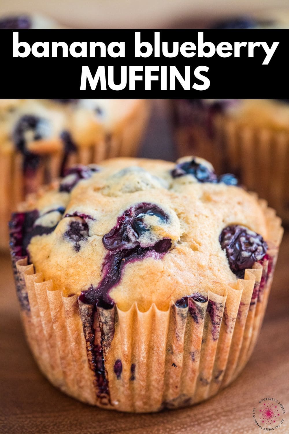 banana blueberry muffins with text title on image for pinterest.