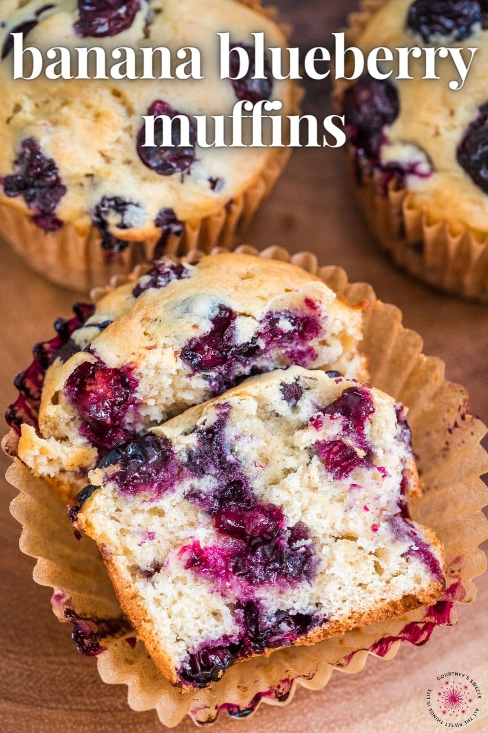 banana blueberry muffins with text title on image for pinterest.