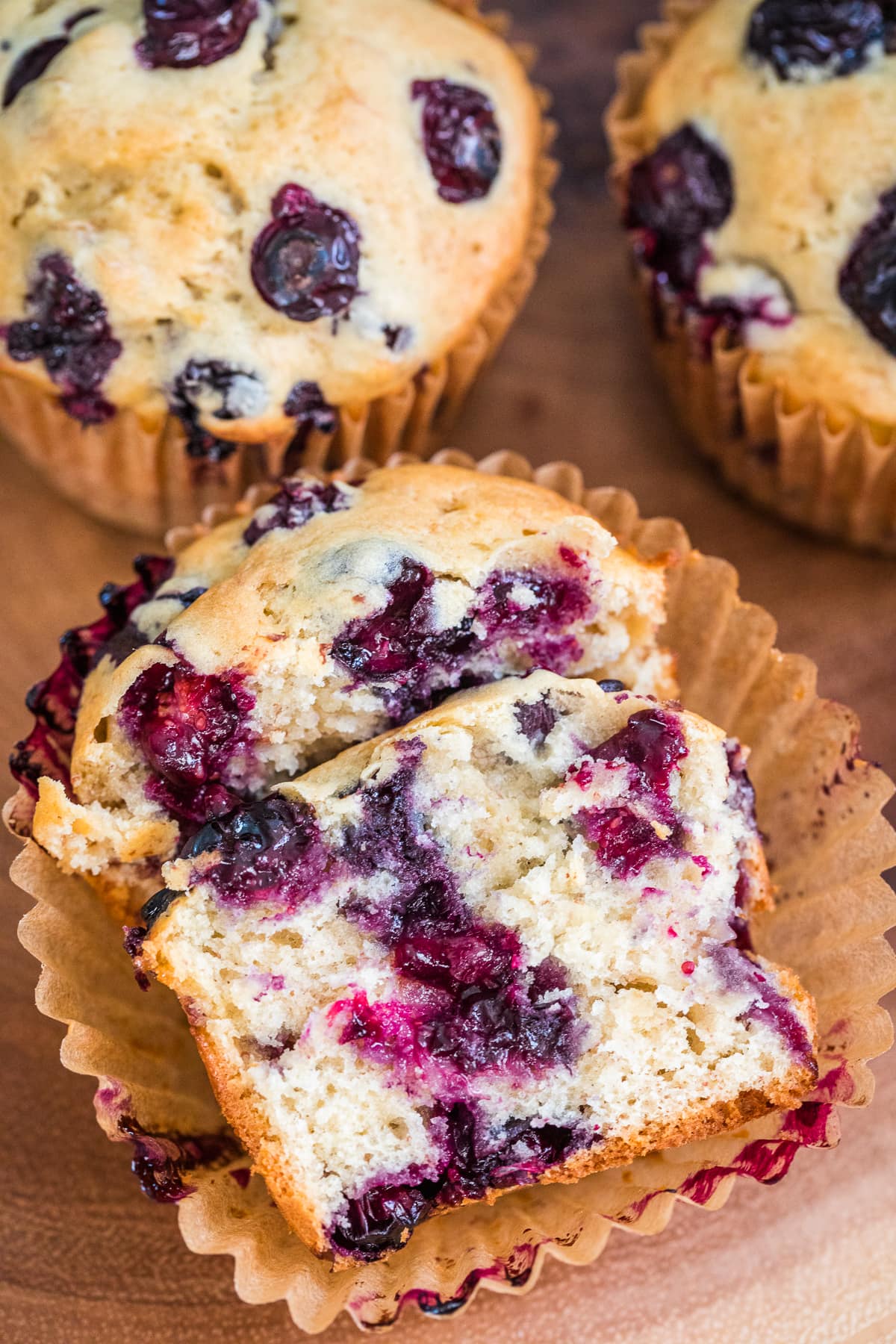 blueberry muffin sliced in half.