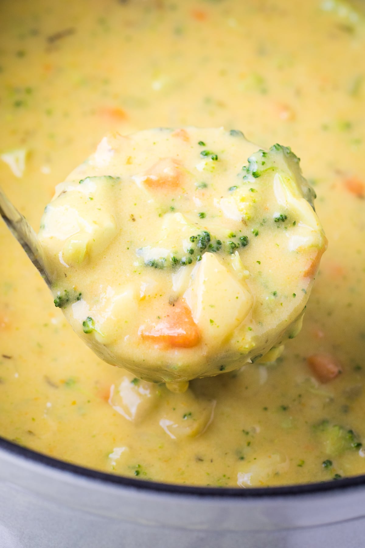 broccoli potato soup in a ladle over a dutch oven with soup in it.