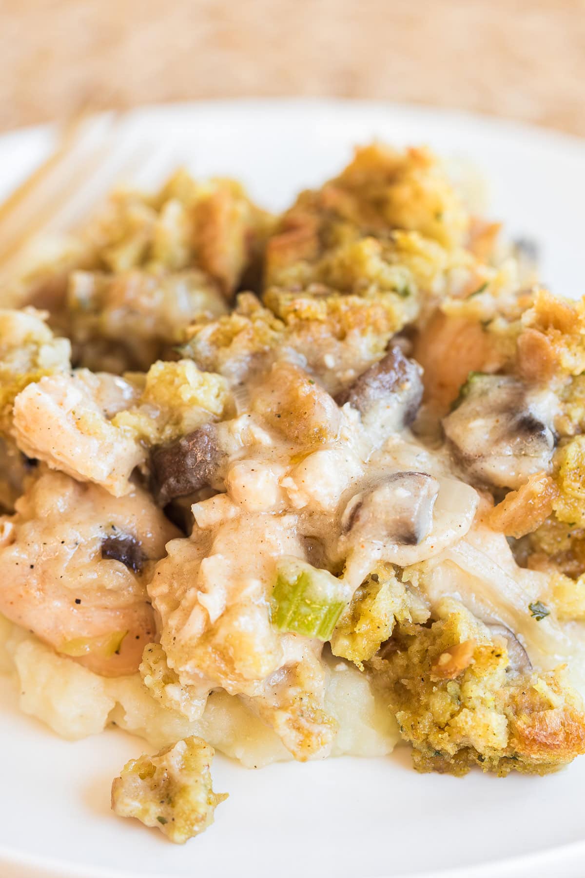 close up of chicken and stuffing casserole on a white plate.