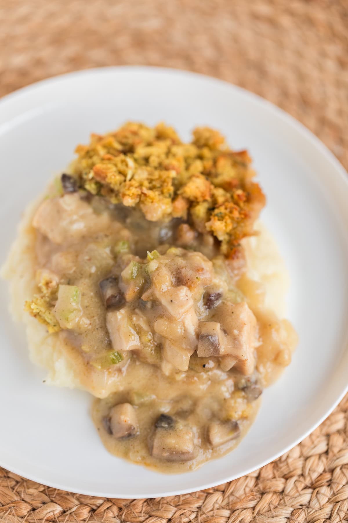 overhead photo of chicken and stuffing casserole over mashed potatoes on a white plate.