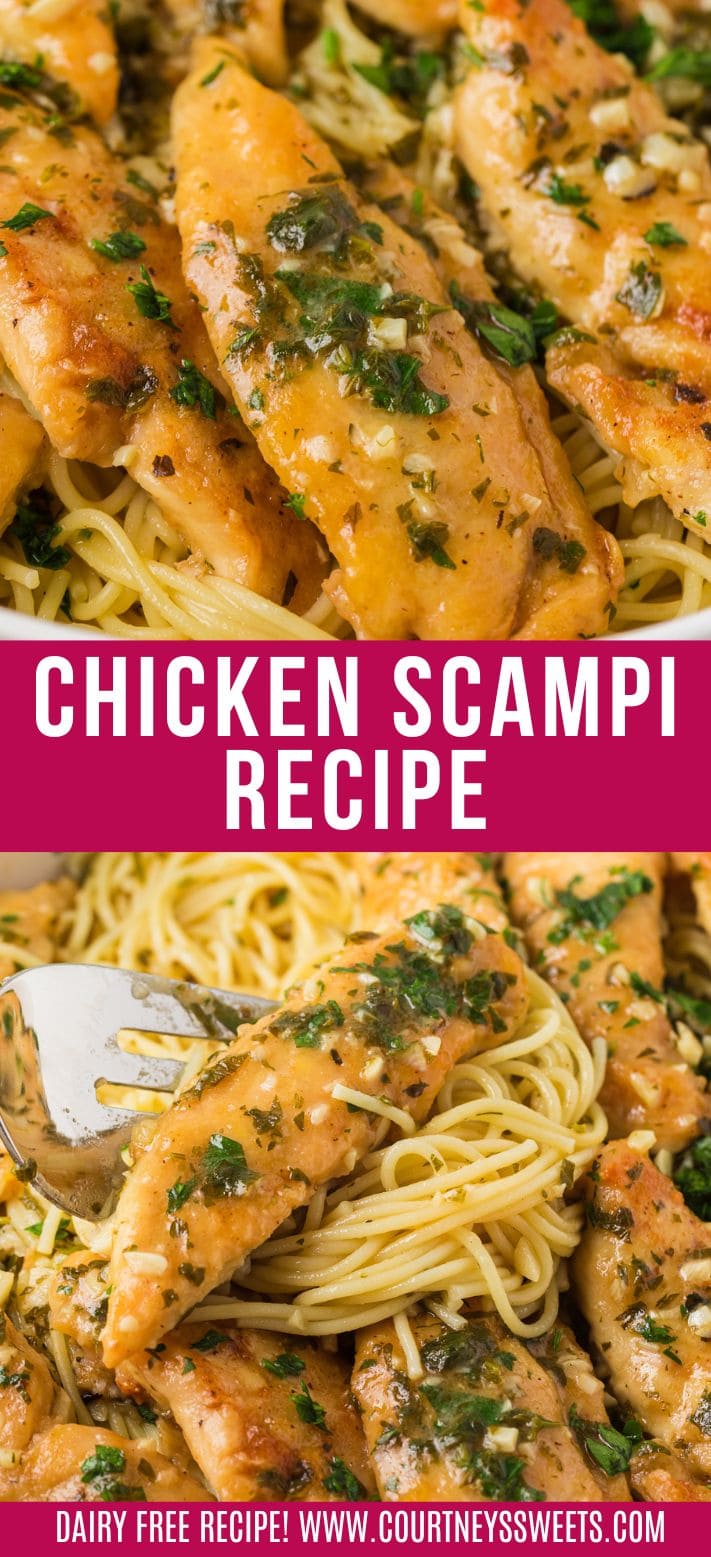 chicken scampi with pasta and text on image saying chicken scampi.