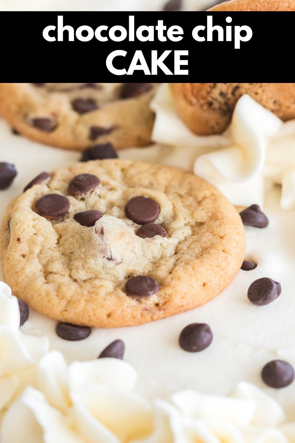 close up of chocolate chip cookie on a cake.