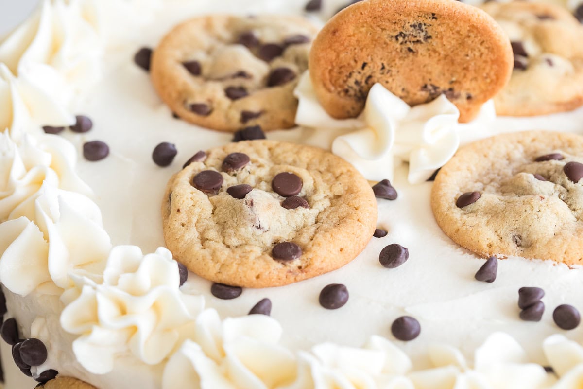 mini chocolate chip cookies on a cake.