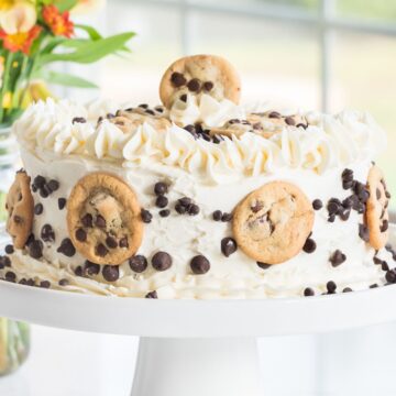 chocolate chip cake on a white cake stand.