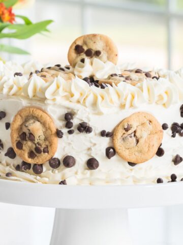 chocolate chip cake on a white cake stand.