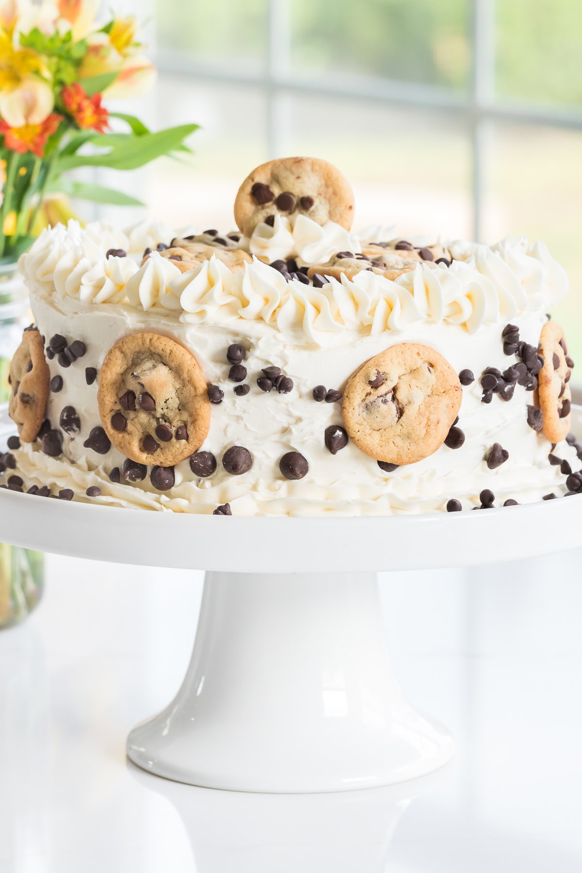 chocolate chip cake on a white cake stand on a counter.