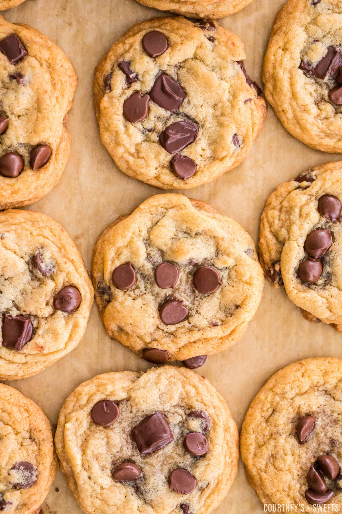 chocolate chip cookies on a parchment lined baking sheet