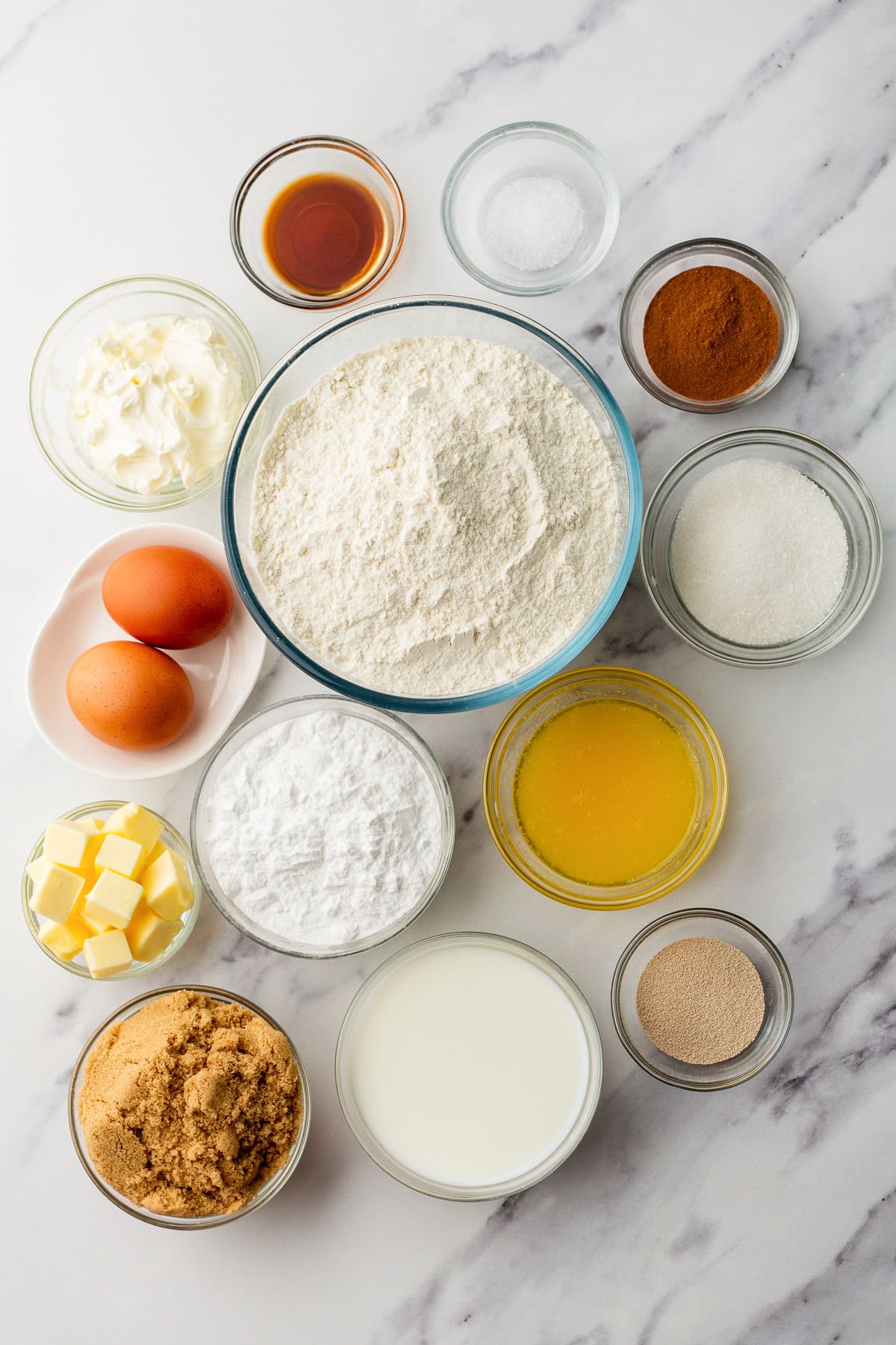 overhead photo of cinnamon roll recipe ingredients.