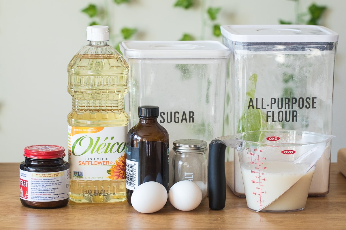 ingredients for dairy free donuts displayed on a counter. 