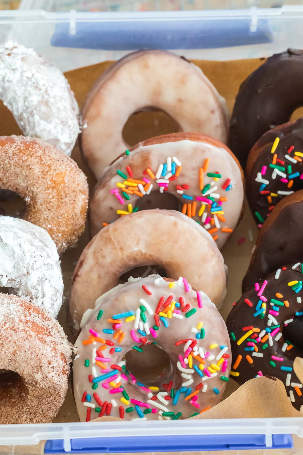 dairy free donuts in a bakery box covered in chocolate glaze, some in vanilla glaze, some with cinnamon sugar, and some with powdered sugar.