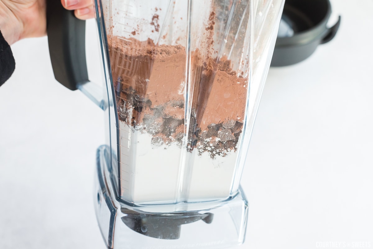 layers shown in blender of powdered sugar, chocolate chips, and cocoa powder