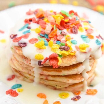 Fruity Pebble Pancakes with Cream Cheese Syrup