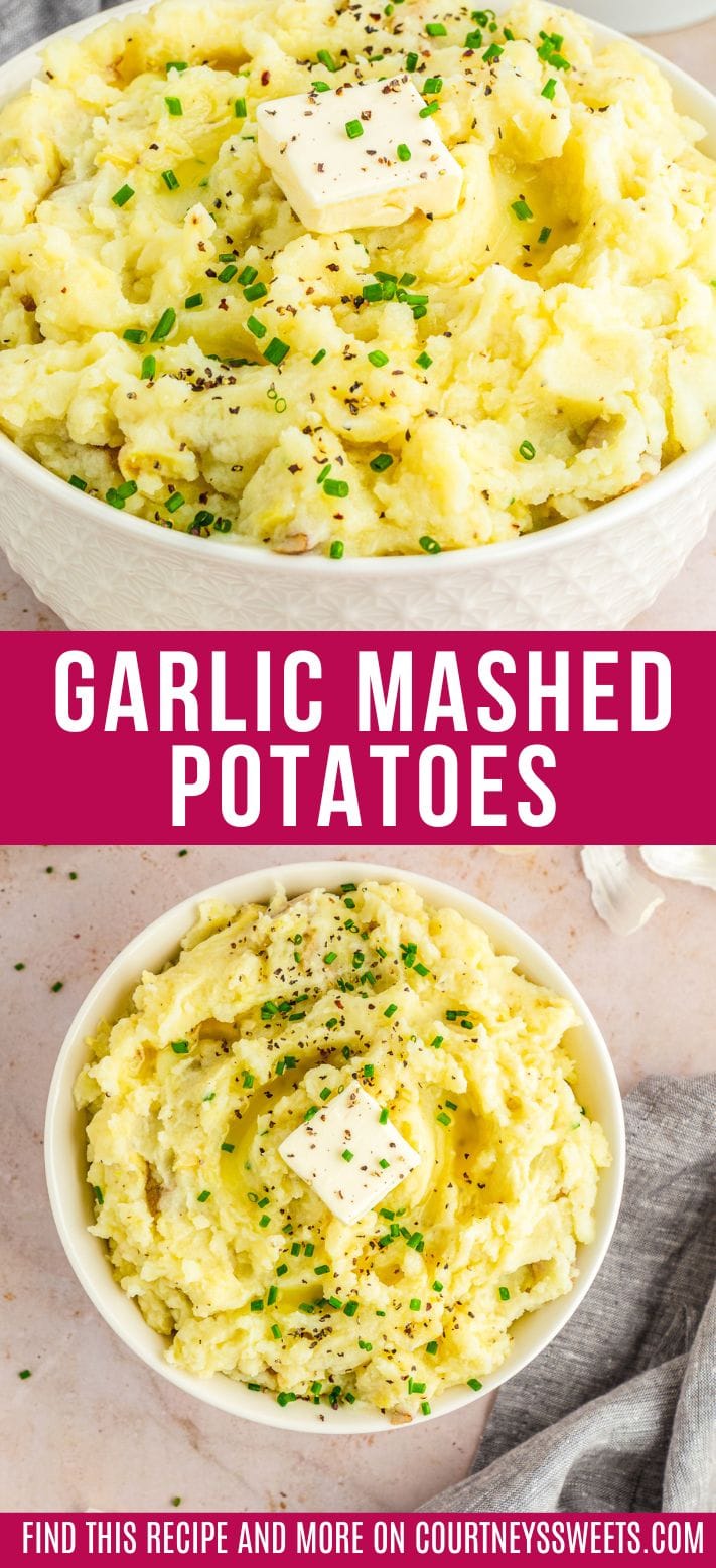 text between two images saying garlic mashed potatoes -garlic mashed potatoes in a white bowl with a pat of dairy free butter and chives as garnish and a spoon to the right inside the bowl.