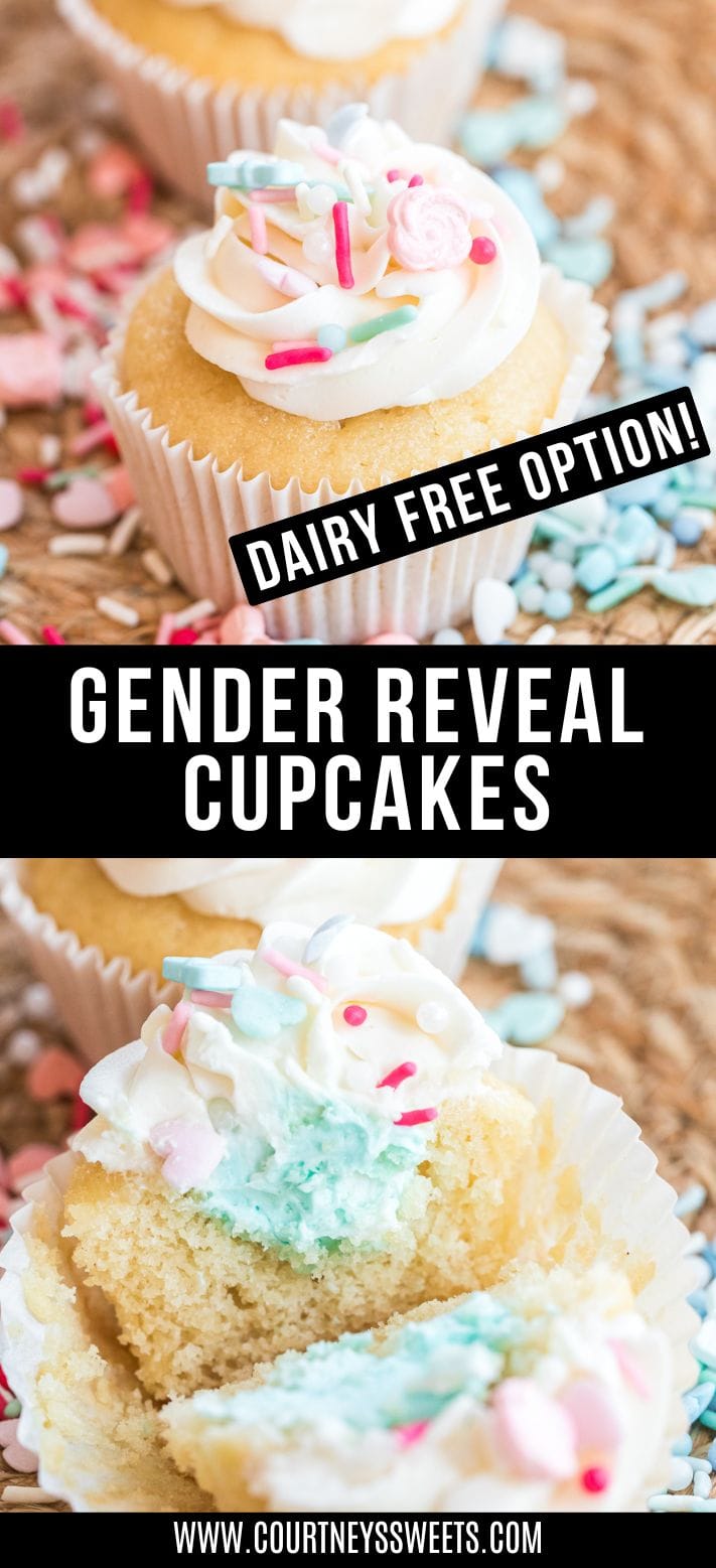 gender reveal cupcakes with blue and pink sprinkles with text on image for pinterest saying gender reveal cupcakes + dairy free option.