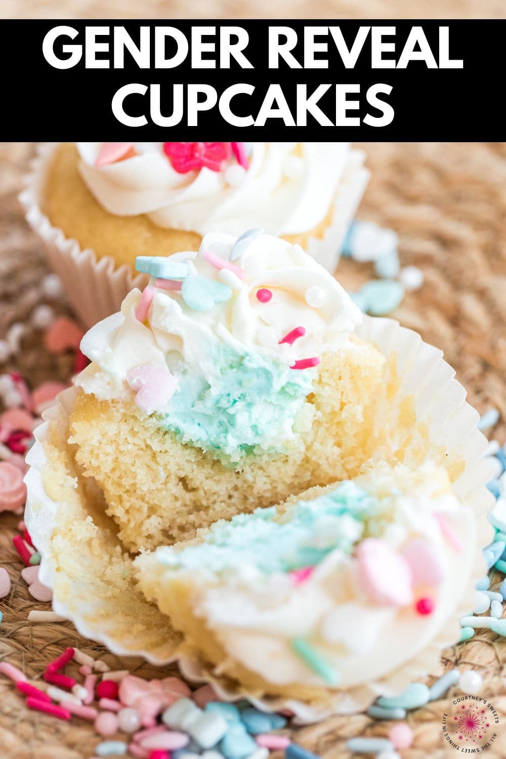 gender reveal cupcakes with blue and pink sprinkles with text on image for pinterest saying gender reveal cupcakes.