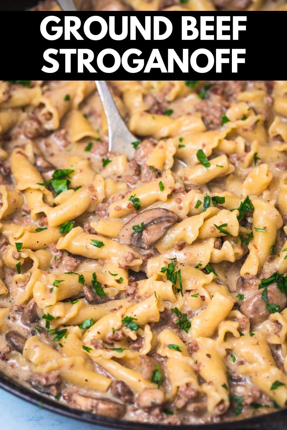 ground beef stroganoff with text on image for pinterest.