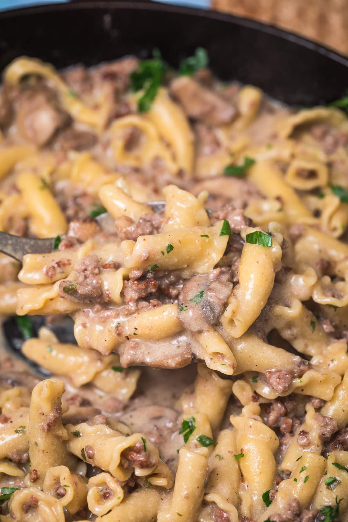 spoon scooping beef stroganoff in cast iron pan.