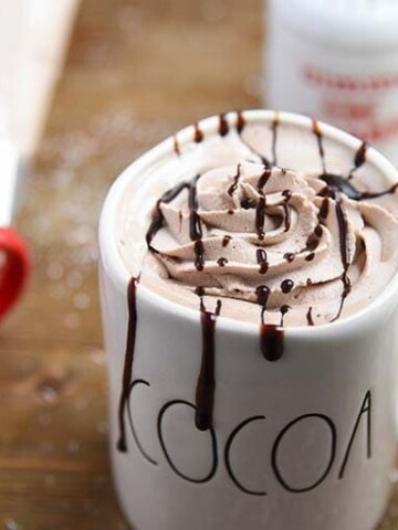 Chocolate Drizzled Hot Chocolate Whipped Cream with Hot Cocoa