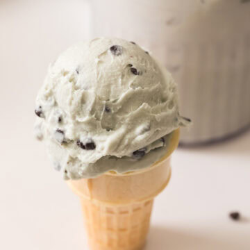 mint chocolate chip ice cream in a cone.