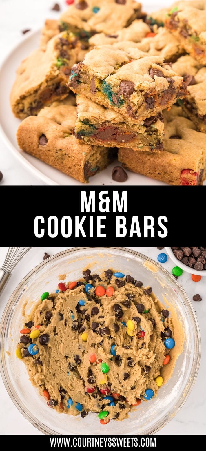 m&m cookie bars with text on image for pinterest saying m&m cookie bars.