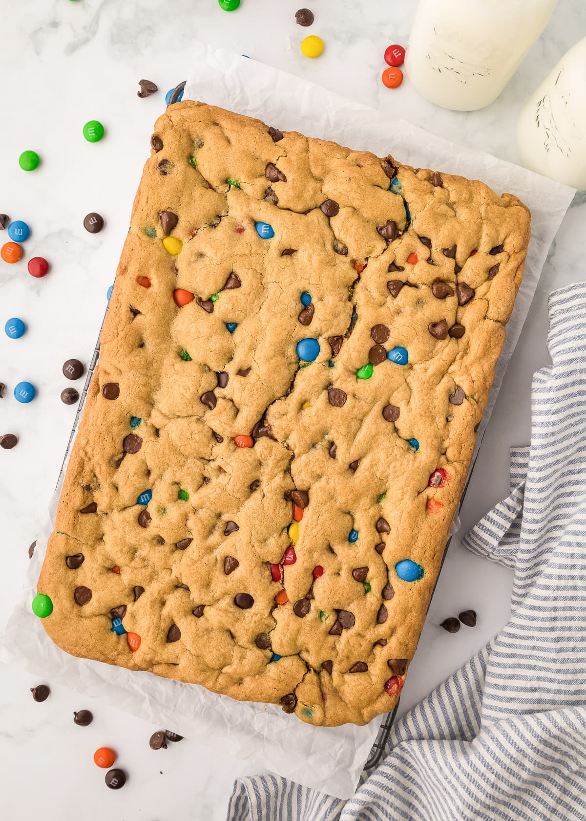 baked m&m cookie bars before cutting.