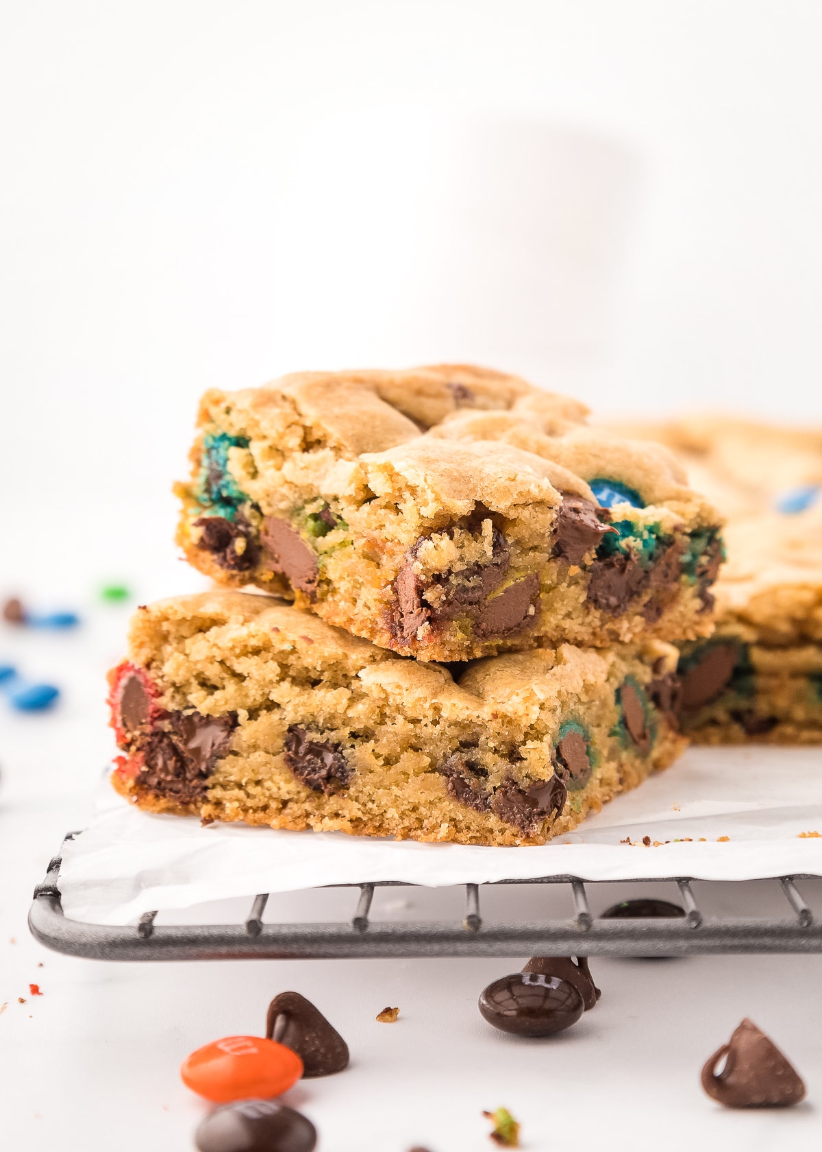 m&m chocolate chip cookie bars.