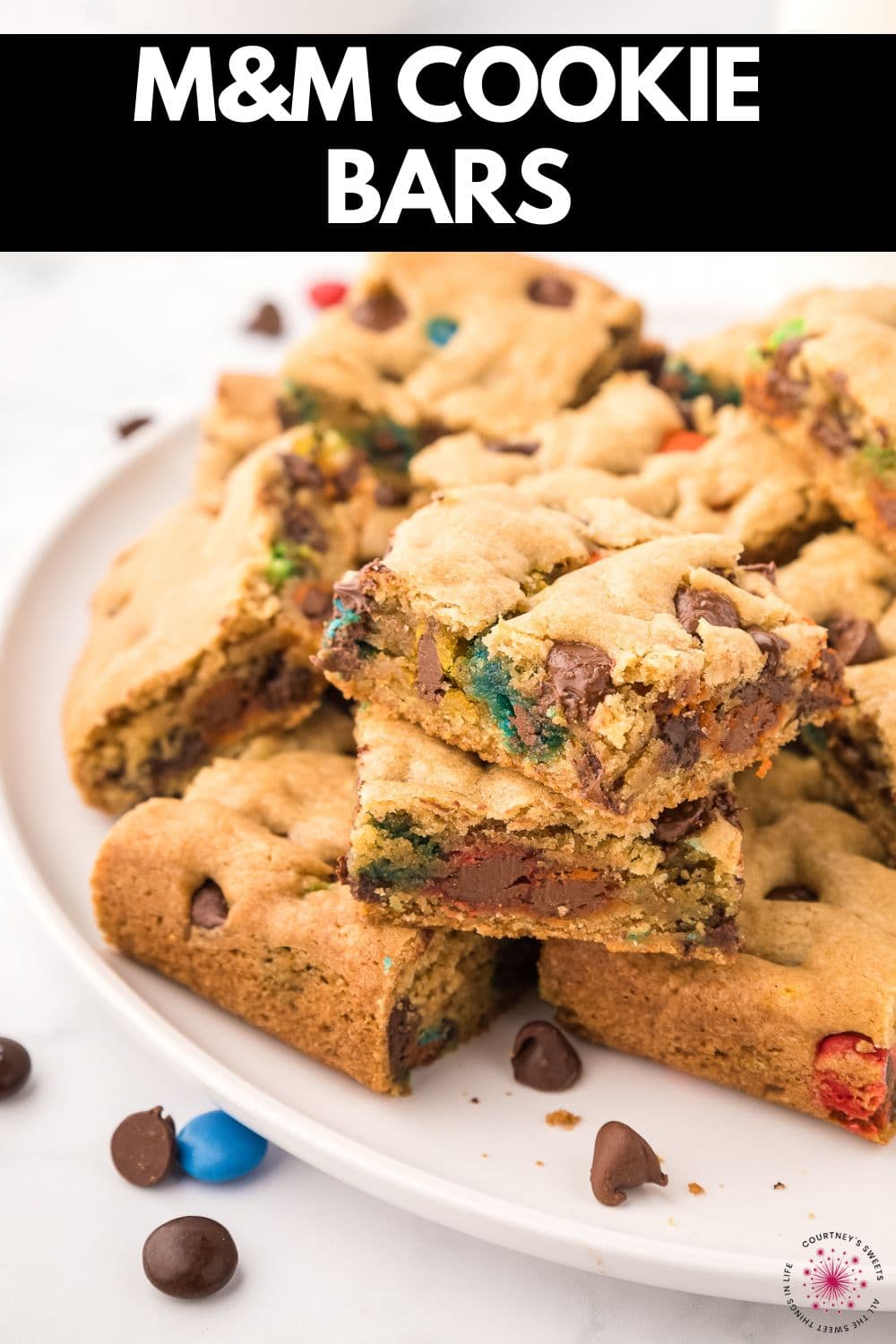 m&m cookie bars with text on image for pinterest saying m&m cookie bars.