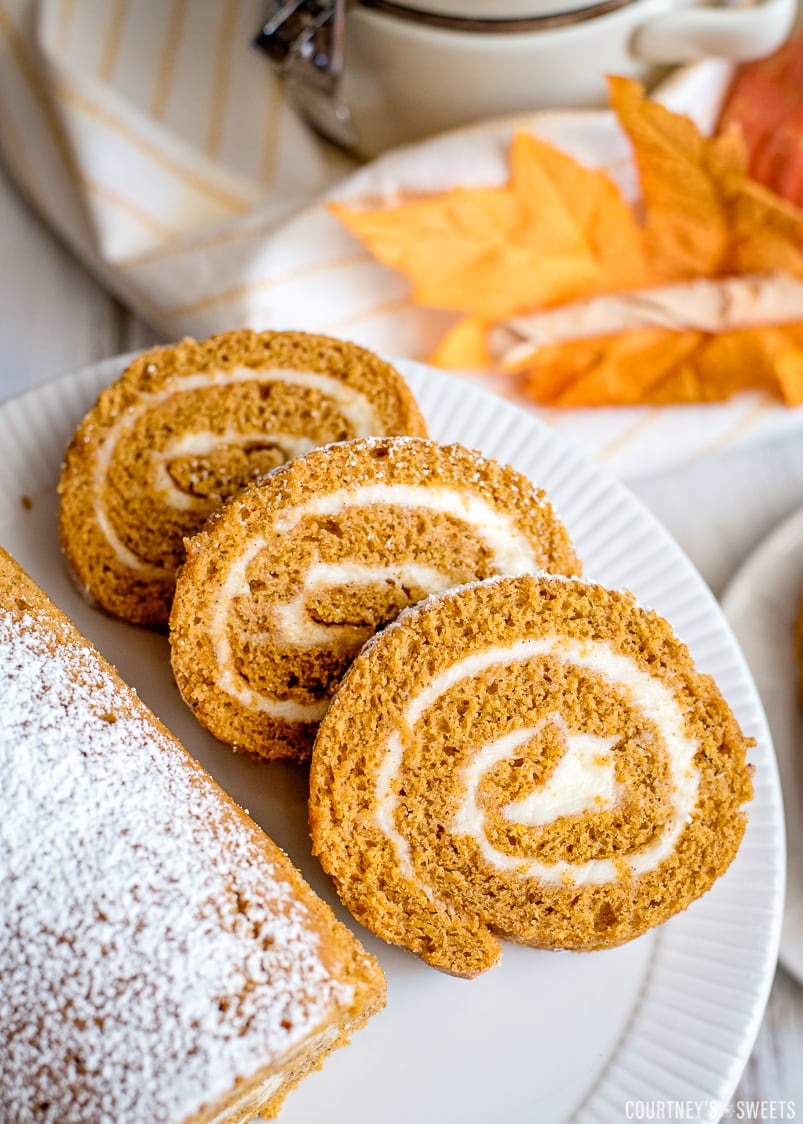 pumpkin roll sliced on a plate