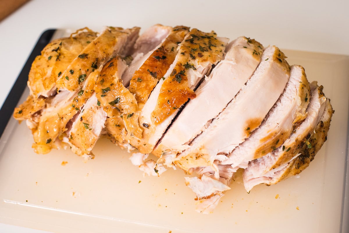 sliced boneless turkey breast on a cutting board.