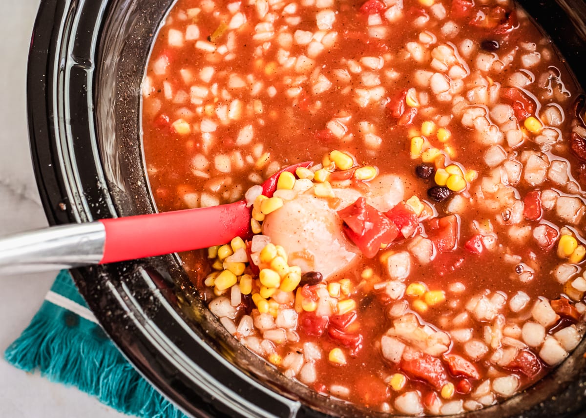 uncooked slow cooker taco chicken soup in a crock pot with a spoon.