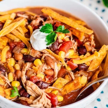 slow cooker chicken taco soup in a white bowl with crispy tortilla strips on top.