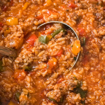 overhead photo of slow cooker stuffed pepper soup in crockpot.