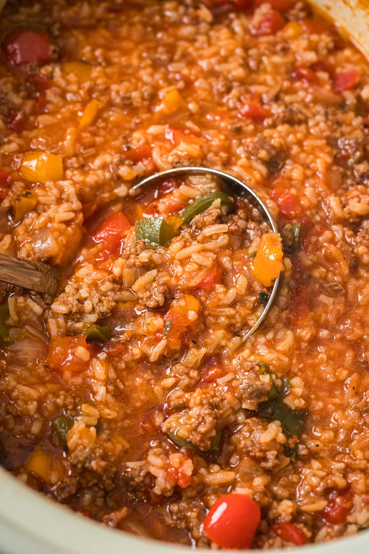 overhead photo of slow cooker stuffed pepper soup in crockpot.