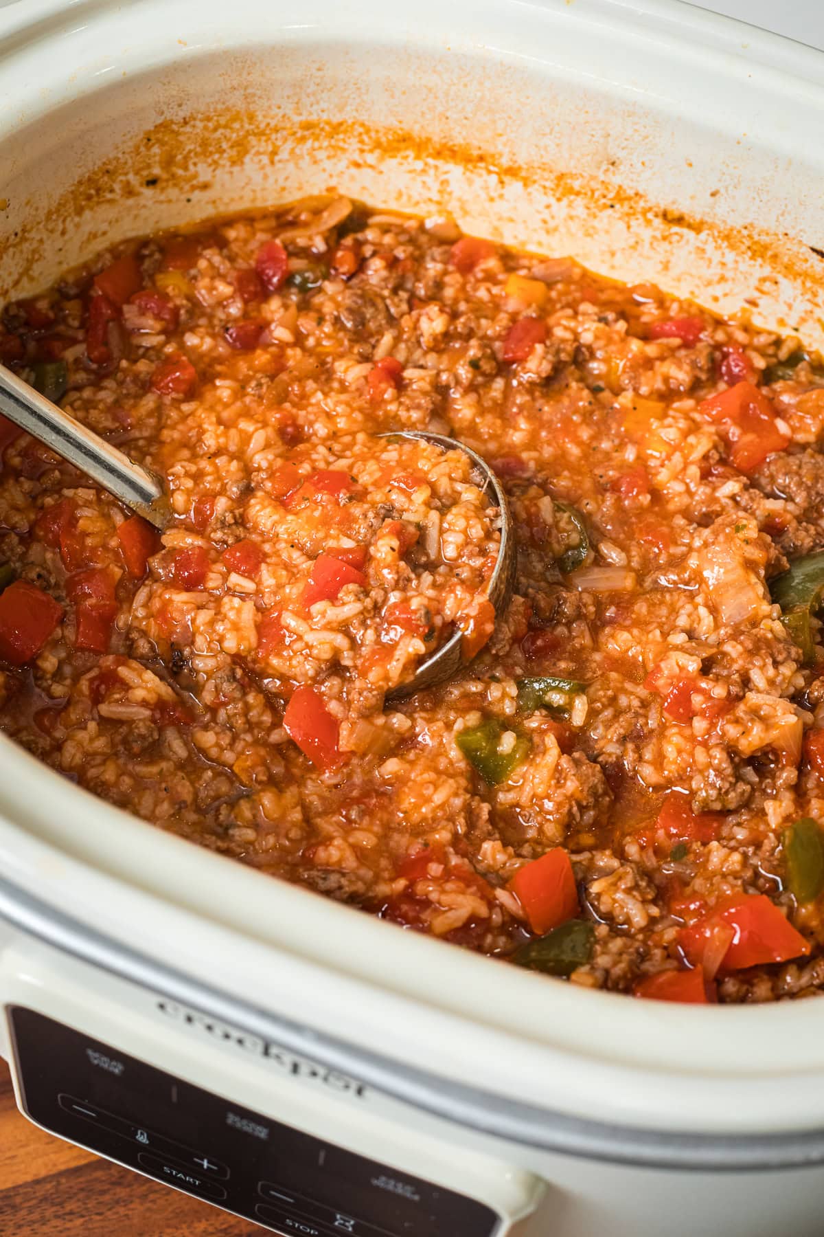 overhead photo of slow cooker stuffed pepper soup.