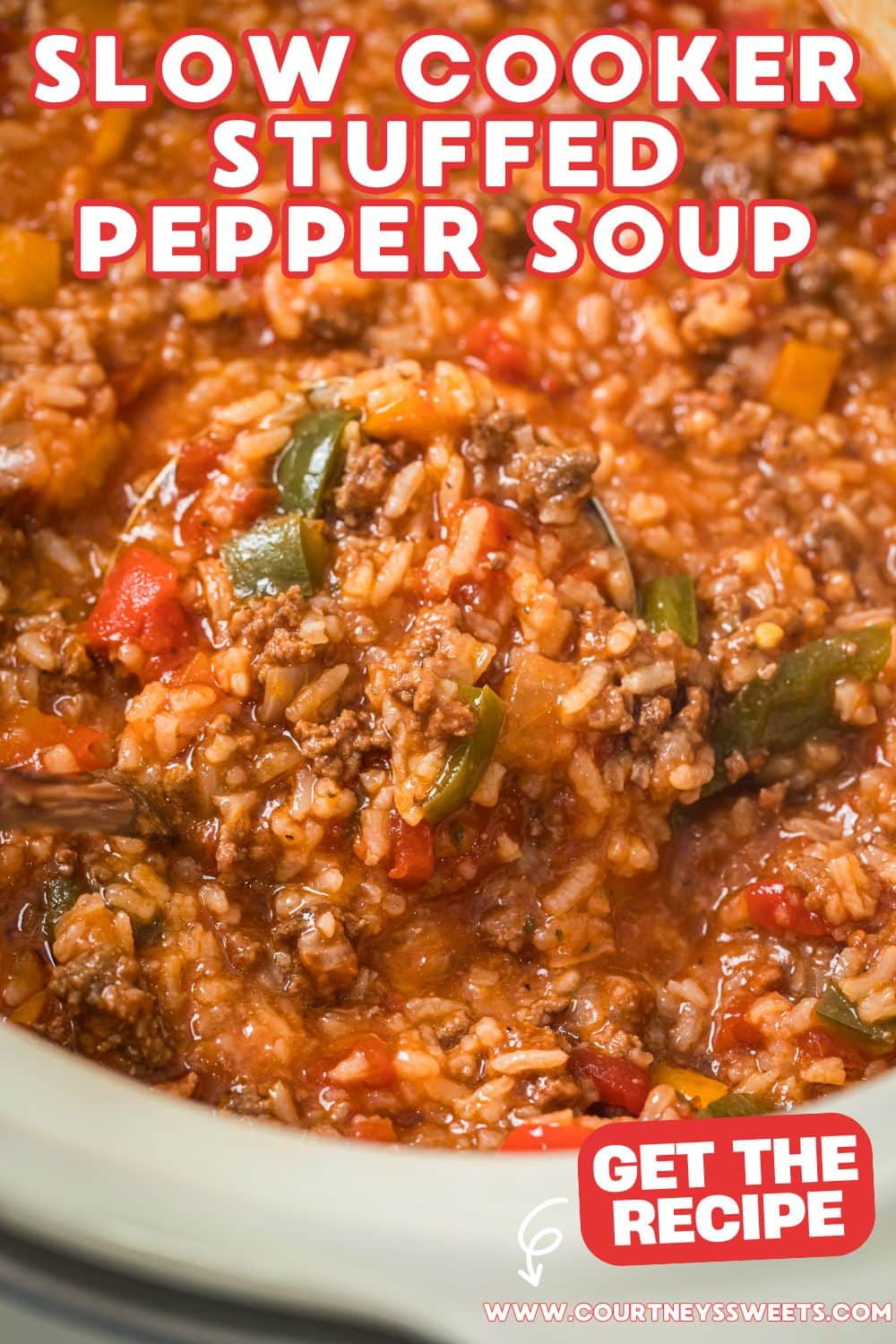 slow cooker stuffed pepper soup in crockpot with text on image saying slow cooker stuffed pepper soup for pinterest pin.