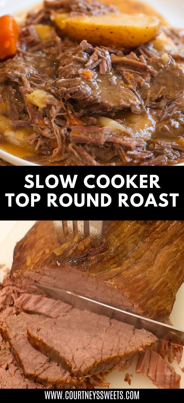 pin image showing slow cooker top round roast.