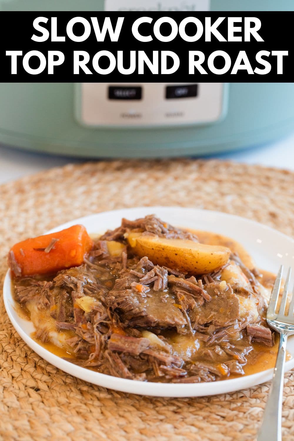 pin image showing slow cooker top round roast.