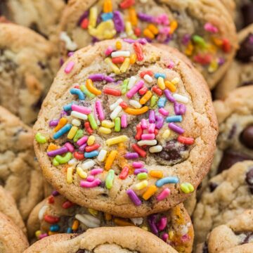 close up of sprinkle chocolate chip cookies.