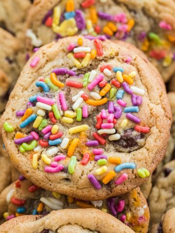 close up of sprinkle chocolate chip cookies.