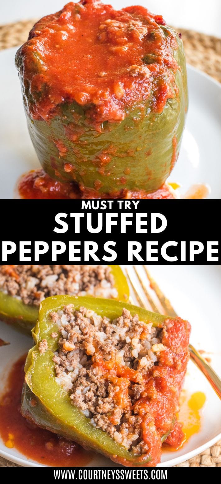 pinterest image split of stuffed pepper on a plate and a split stuffed pepper on a plate below it, text on image says: must try stuffed peppers recipe.