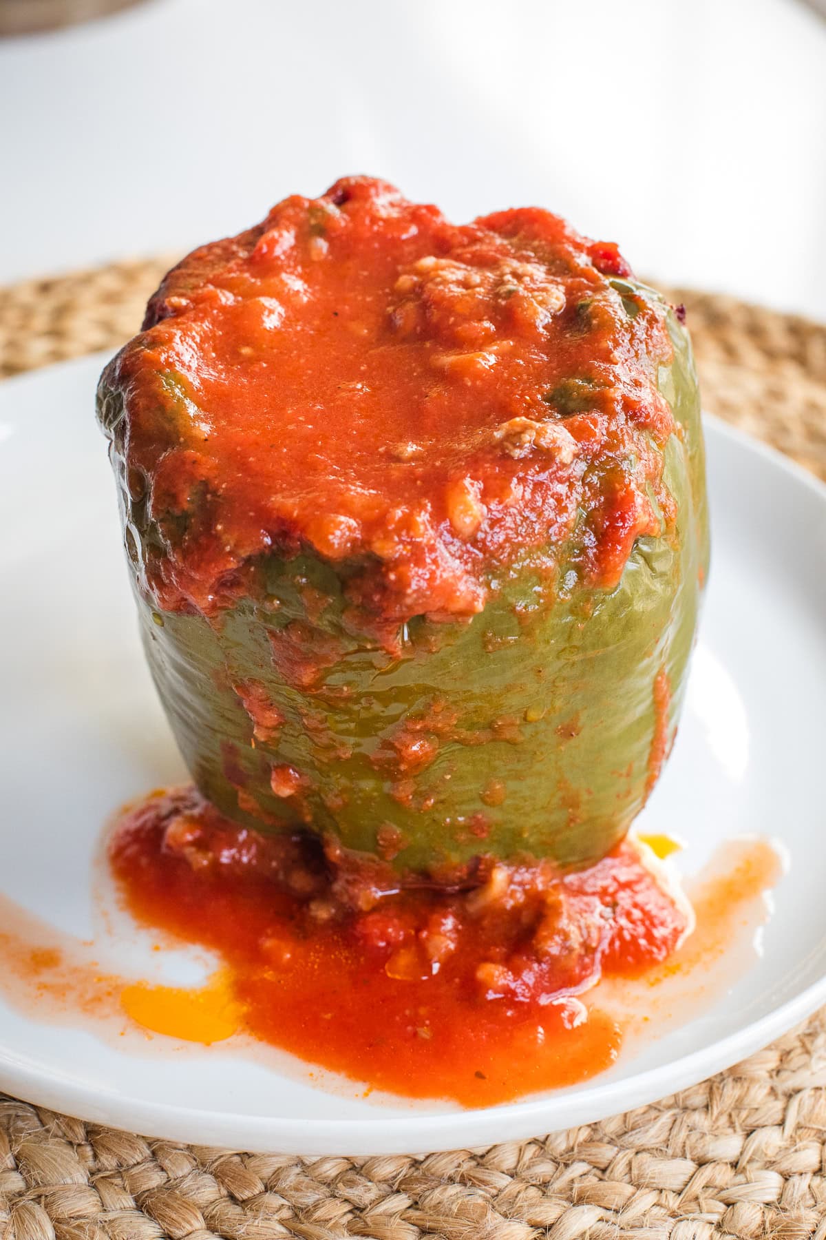 stuffed pepper on a white plate.